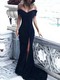 Sheath Off-the-Shoulder Sleeveless Court Train With Ruched Spandex Prom Dresses by misshow.com