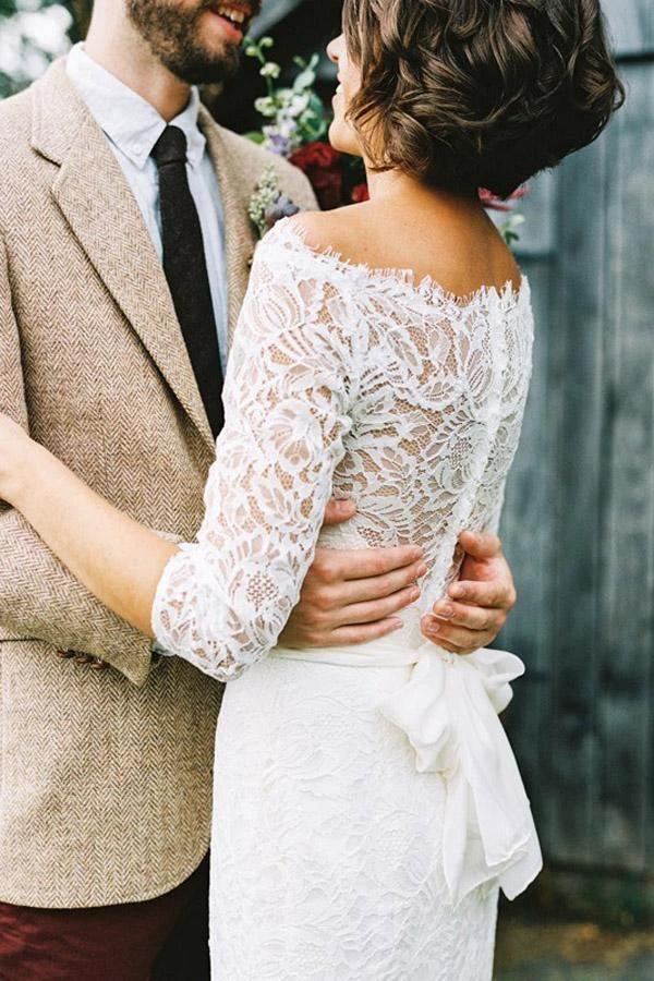 Sheath Off-the-Shoulder White Sweep Train Wedding Dress with Long Sleeve WD535 by pgmdress