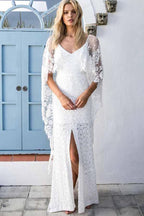 Sheath Scoop Backless Lace Wedding Dress with Split Wraps WD247 by pgmdress