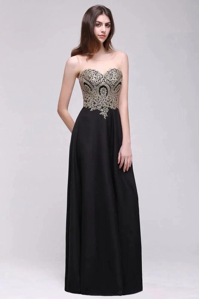 Sheath Scoop Floor-Length Applique Sleeveless Long Black Prom Dresses by misshow.com