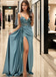Sexy Mermaid V-neck Satin Long Appliques Lace Prom Dress with Slit