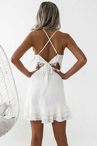 Sheath Spaghetti Straps Pleated White Satin Homecoming Dress  PD003