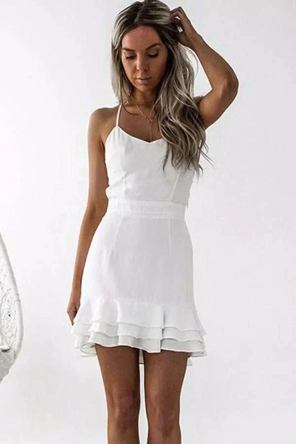 Sheath Spaghetti Straps Pleated White Satin Homecoming Dress PD003 by pgmdress