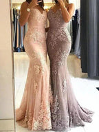 Sheath Spaghetti Straps Sleeveless With Lace Tulle Prom Dresses by misshow.com