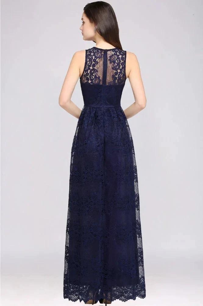 Sheath V-neck Floor-length Lace Navy Blue Prom Dress by misshow.com