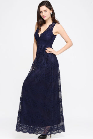 Sheath V-neck Floor-length Lace Navy Blue Prom Dress