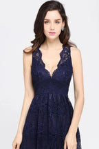 Sheath V-neck Floor-length Lace Navy Blue Prom Dress by misshow.com