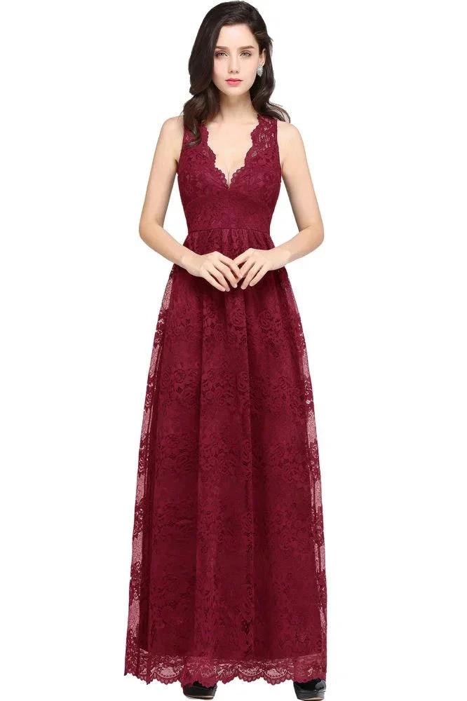 Sheath V-neck Floor-length Lace Navy Blue Prom Dress by misshow.com