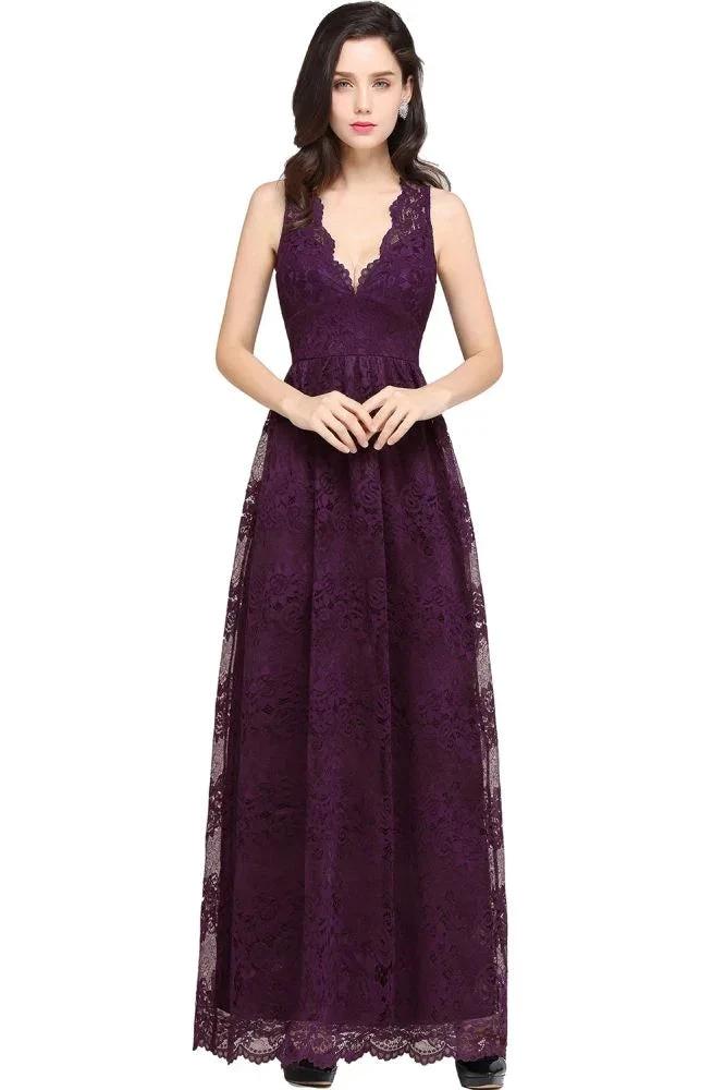 Sheath V-neck Floor-length Lace Navy Blue Prom Dress by misshow.com