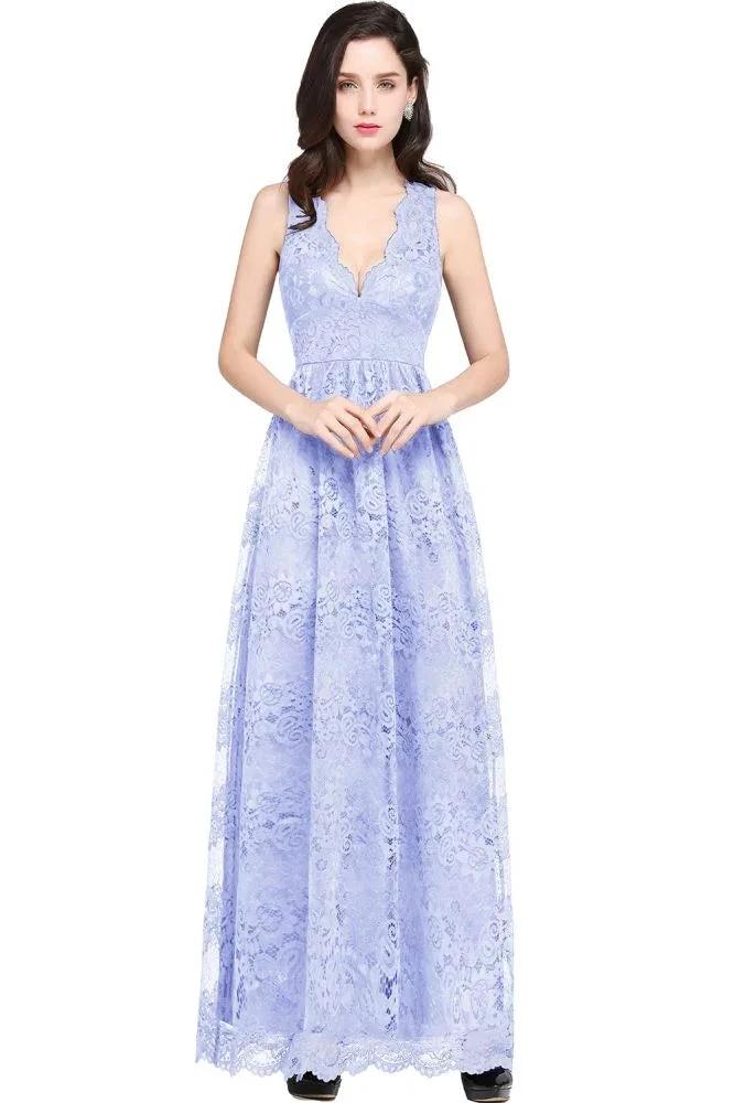 Sheath V-neck Floor-length Lace Navy Blue Prom Dress by misshow.com