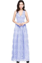 Sheath V-neck Floor-length Lace Navy Blue Prom Dress by misshow.com