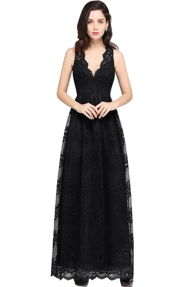 Sheath V-neck Floor-length Lace Navy Blue Prom Dress by misshow.com