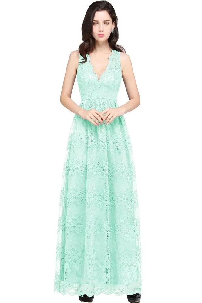 Sheath V-neck Floor-length Lace Navy Blue Prom Dress by misshow.com