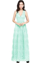 Sheath V-neck Floor-length Lace Navy Blue Prom Dress by misshow.com