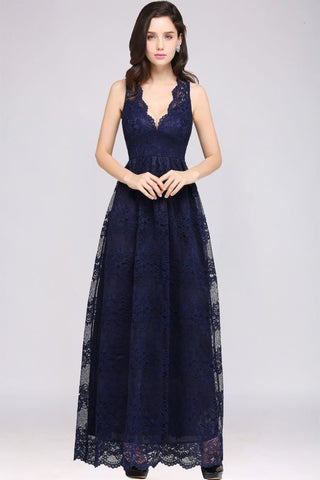 Sheath V-neck Floor-length Lace Navy Blue Prom Dress