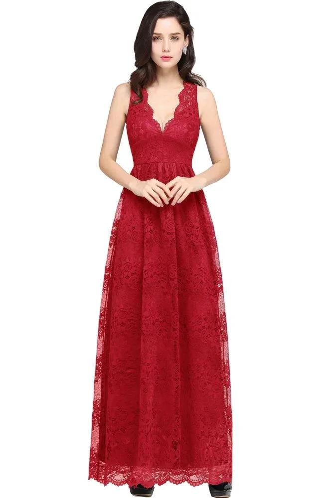 Sheath V-neck Floor-length Lace Navy Blue Prom Dress by misshow.com