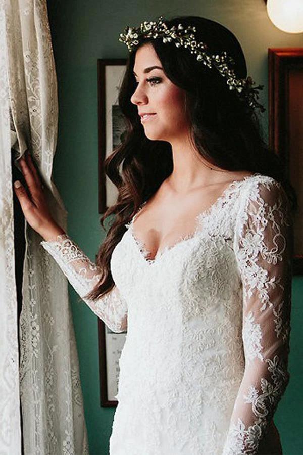 Sheath V-Neck Long Sleeves Backless Tulle Wedding Dress with Appliques WD529 by pgmdress