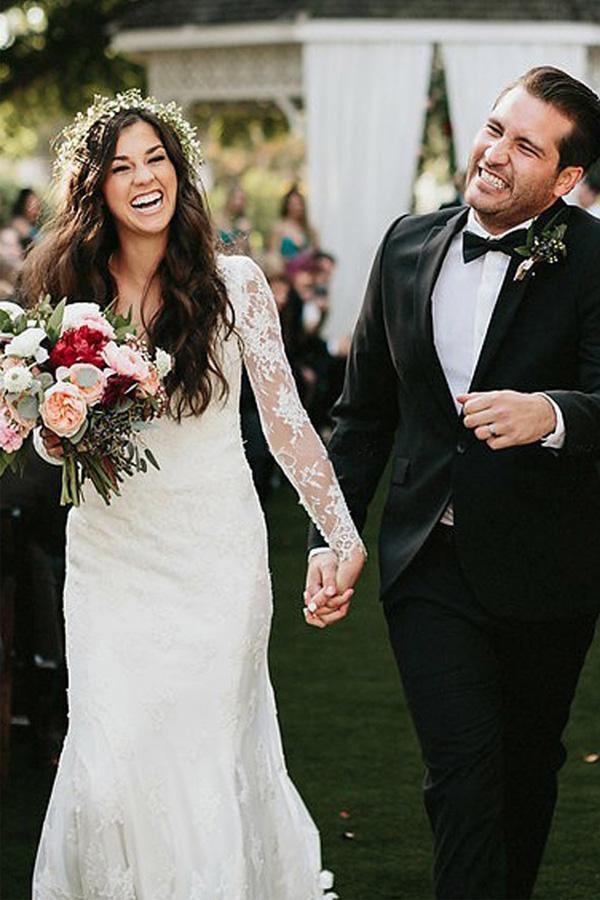 Sheath V-Neck Long Sleeves Backless Tulle Wedding Dress with Appliques WD529 Hover Image