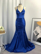 Sheath V-neck Sleeveless With Ruched Elastic Woven Satin Prom Dresses by misshow.com