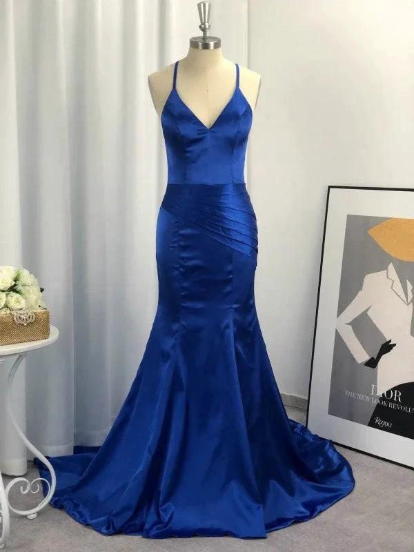 Sheath V-neck Sleeveless With Ruched Elastic Woven Satin Prom Dresses by misshow.com