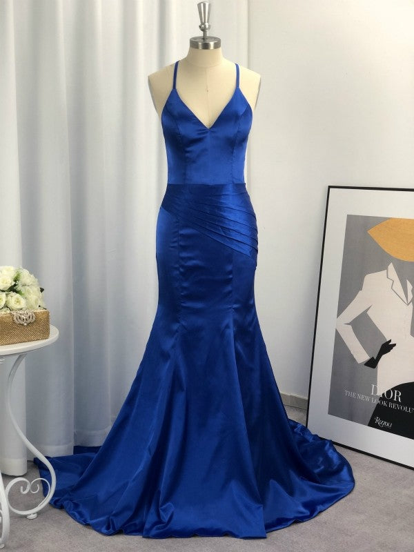 Sheath V-neck Sleeveless With Ruched Elastic Woven Satin Prom Dresses Main Image