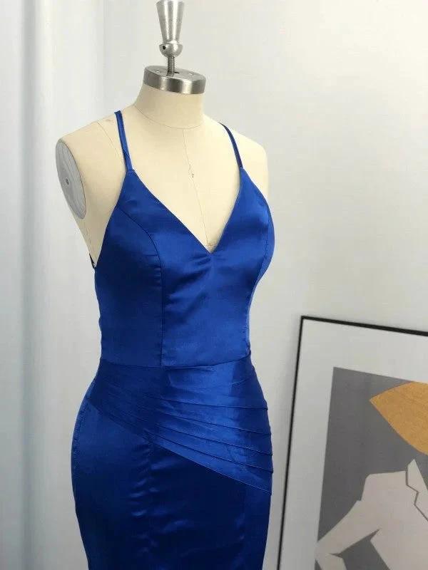 Sheath V-neck Sleeveless With Ruched Elastic Woven Satin Prom Dresses by misshow.com