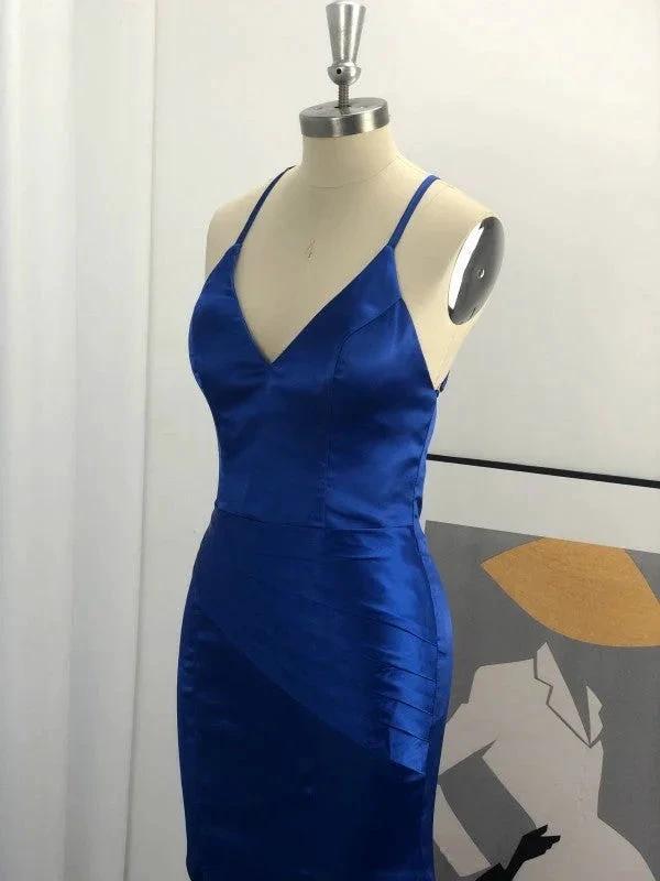 Sheath V-neck Sleeveless With Ruched Elastic Woven Satin Prom Dresses by misshow.com