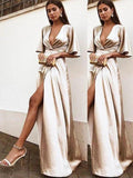 Sheath/Column 1/2 Sleeves V-neck Floor-Length Ruffles Silk like Satin Prom Dresses by misshow.com
