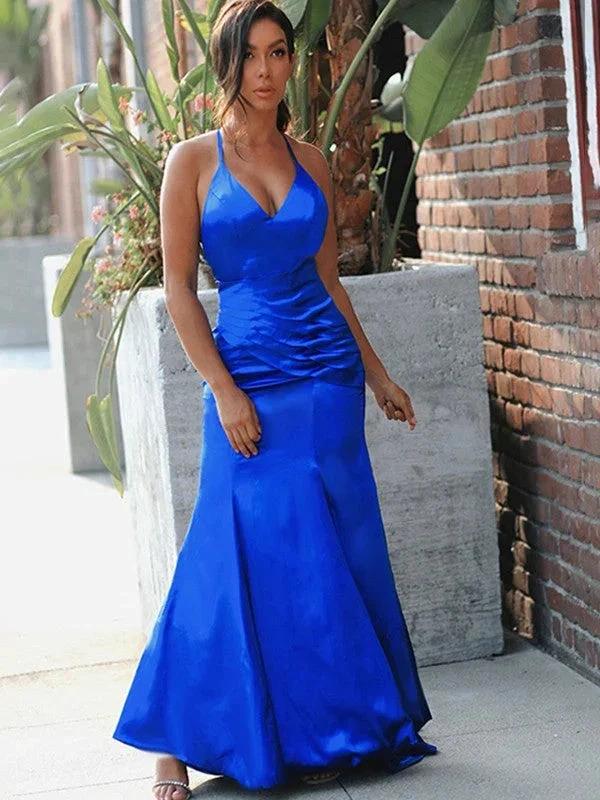 Sheath/Column Elastic Woven Satin V-neck Sleeveless Ruched Prom Dresses by misshow.com