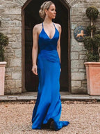 Sheath/Column Elastic Woven Silk like Satin Ruched Sleeveless V-neck Prom Dresses by misshow.com