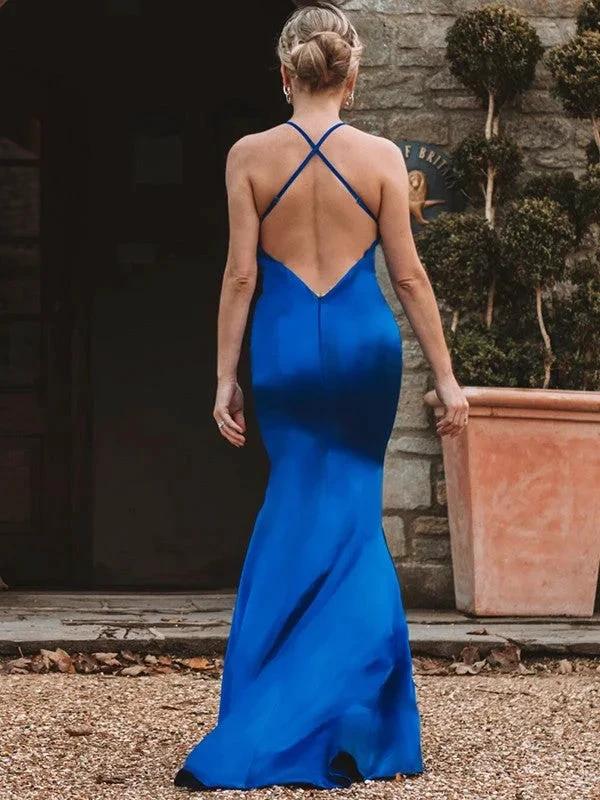 Sheath/Column Elastic Woven Silk like Satin Ruched Sleeveless V-neck Prom Dresses by misshow.com