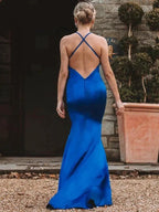 Sheath/Column Elastic Woven Silk like Satin Ruched Sleeveless V-neck Prom Dresses by misshow.com