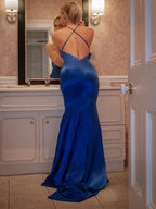 Sheath/Column Elastic Woven Silk like Satin Ruched Sleeveless V-neck Prom Dresses by misshow.com