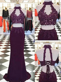 Sheath/Column Halter Applique Floor-Length Sleeveless Spandex Two Piece Prom Dresses by misshow.com
