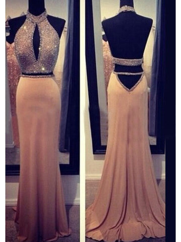 Sheath/Column Halter Sleeveless Beading Chiffon Prom Dresses