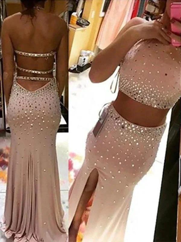 Sheath/Column Halter Sleeveless Beading Spandex Two Piece Prom Dresses by misshow.com