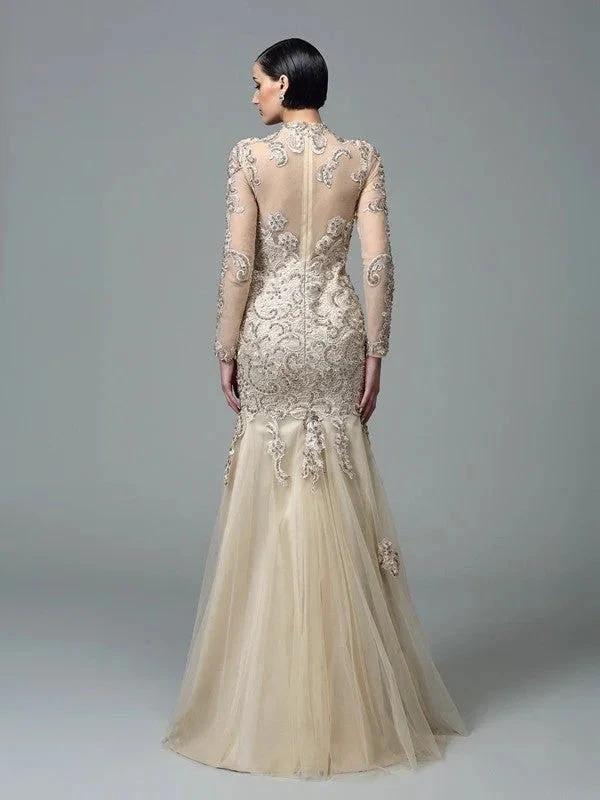 Sheath/Column High Neck Applique Long Sleeves Long Net Prom Dresses by misshow.com