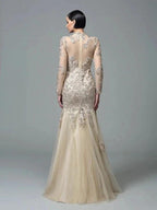 Sheath/Column High Neck Applique Long Sleeves Long Net Prom Dresses by misshow.com