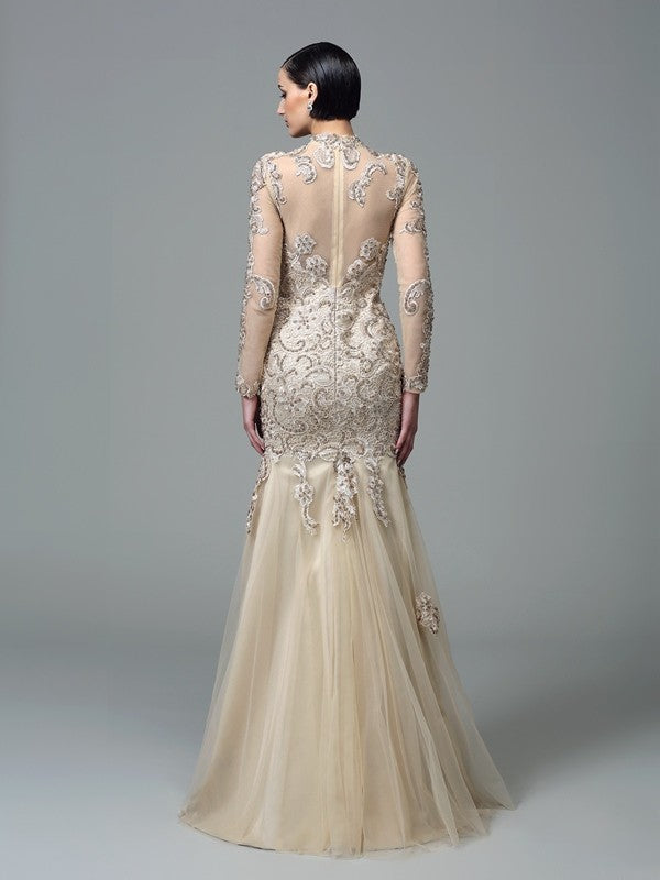 Sheath/Column High Neck Applique Long Sleeves Long Net Prom Dresses Main Image