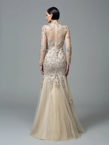 Vestidos de fiesta de corte tubo/columna con cuello alto, apliques, mangas largas y red larga