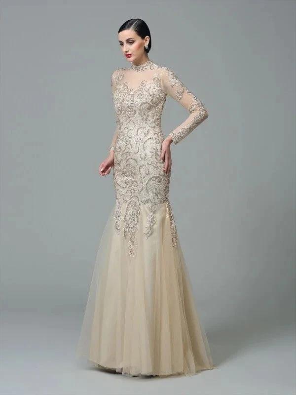 Sheath/Column High Neck Applique Long Sleeves Long Net Prom Dresses by misshow.com