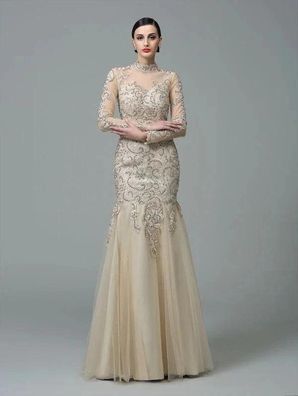 Sheath/Column High Neck Applique Long Sleeves Long Net Prom Dresses by misshow.com