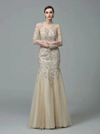 Sheath/Column High Neck Applique Long Sleeves Long Net Prom Dresses by misshow.com