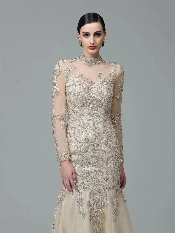 Sheath/Column High Neck Applique Long Sleeves Long Net Prom Dresses by misshow.com