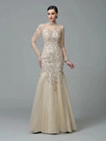 Sheath/Column High Neck Applique Long Sleeves Long Net Prom Dresses by misshow.com