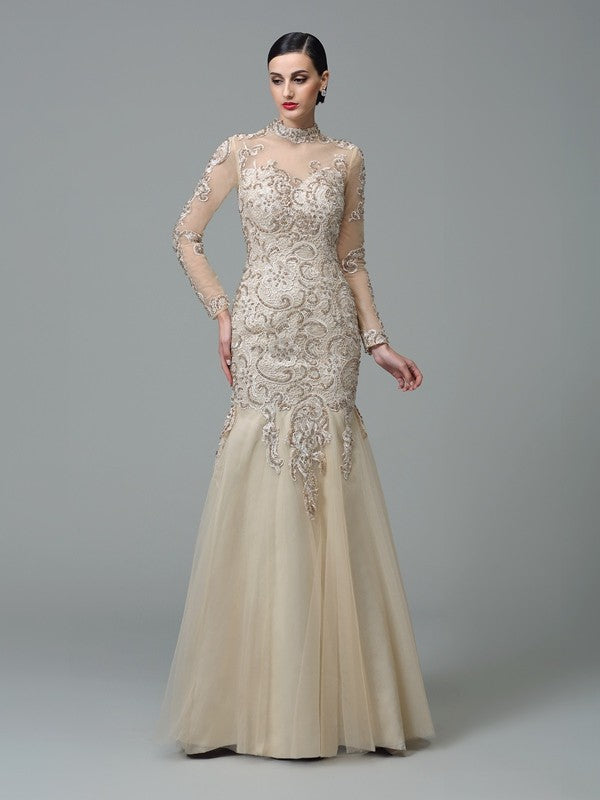 Sheath/Column High Neck Applique Long Sleeves Long Net Prom Dresses Hover Image