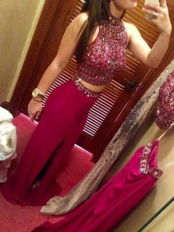 Sheath/Column Jewel Sleeveless Floor-Length Beading Chiffon Two Piece Prom Dresses by misshow.com
