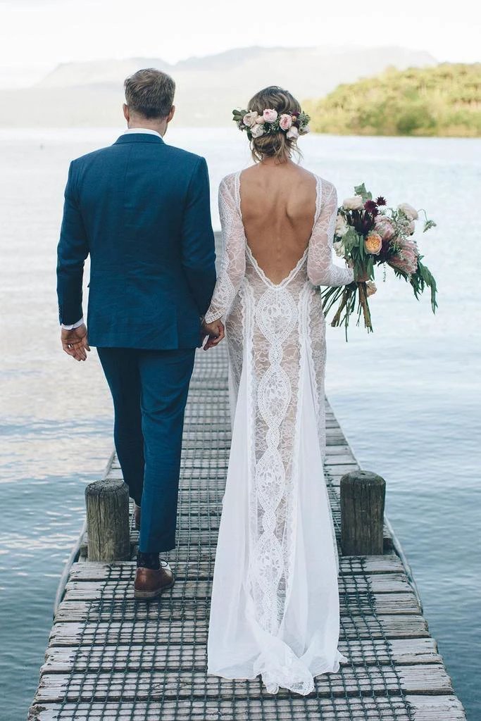 Sheath/Column Lace Wedding Dress With Long Sleeve Open Back Bridal Gown WD487 by pgmdress