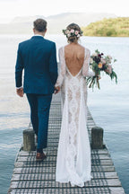 Sheath/Column  Lace Wedding Dress With Long Sleeve Open Back Bridal Gown  WD487