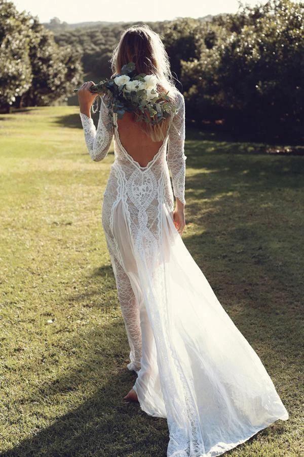 Sheath/Column Lace Wedding Dress With Long Sleeve Open Back Bridal Gown WD487 by pgmdress